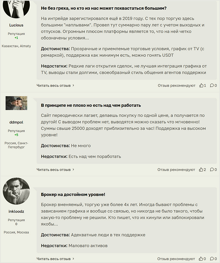 Что пишут в реальных отзывах о бинарной платформе (сайте) компании Интрейд бар.
